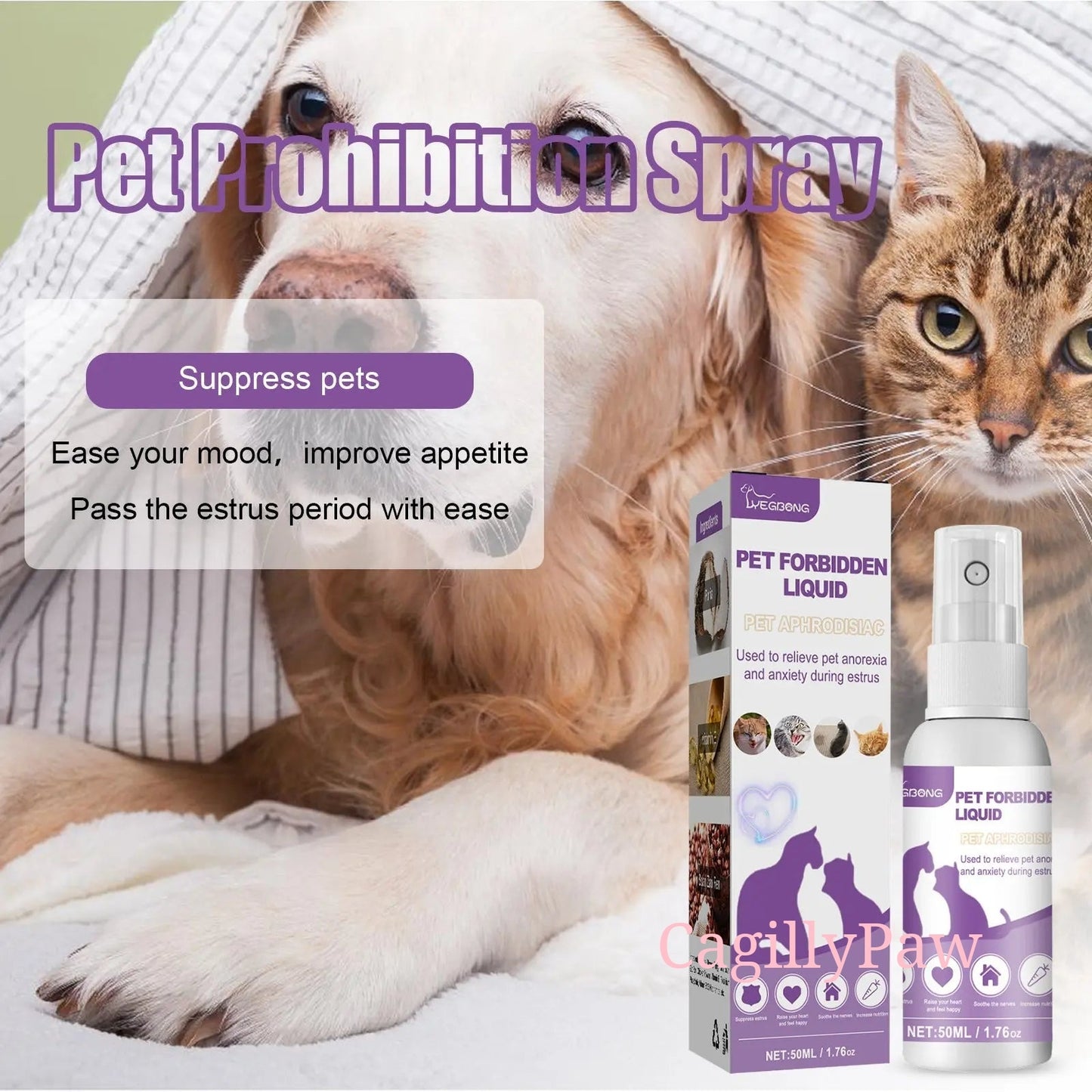  Flasche TierRuhe Spray mit einer glücklichen Katze und einem zufriedenen Hund, die von seiner beruhigenden Wirkung profitieren